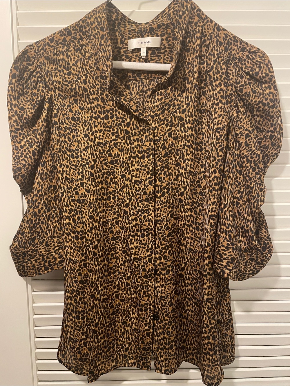 Frame Denim Leopard Print Puff-Sleeve Blouse — Tan/Black